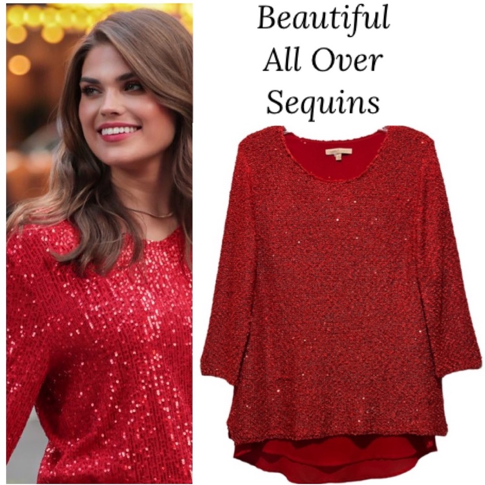 Red Sequin Sweater Top Holiday Sparkly Luxe Pullover Lightweight Knit Size Small